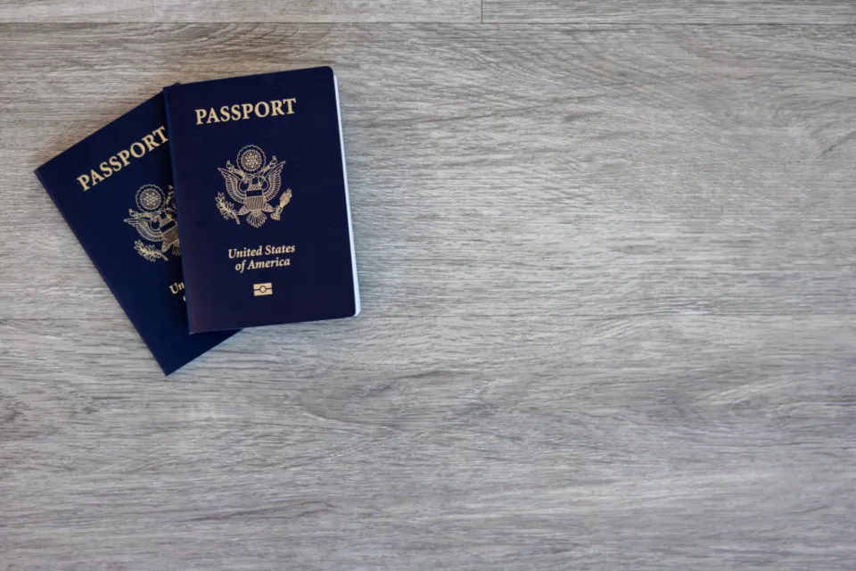 Two navy passports lying on a pale wooden surface