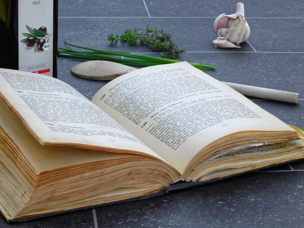 An open cookbook on a worktop beside a bulb of garlic, fresh herbs and a bottle of oil